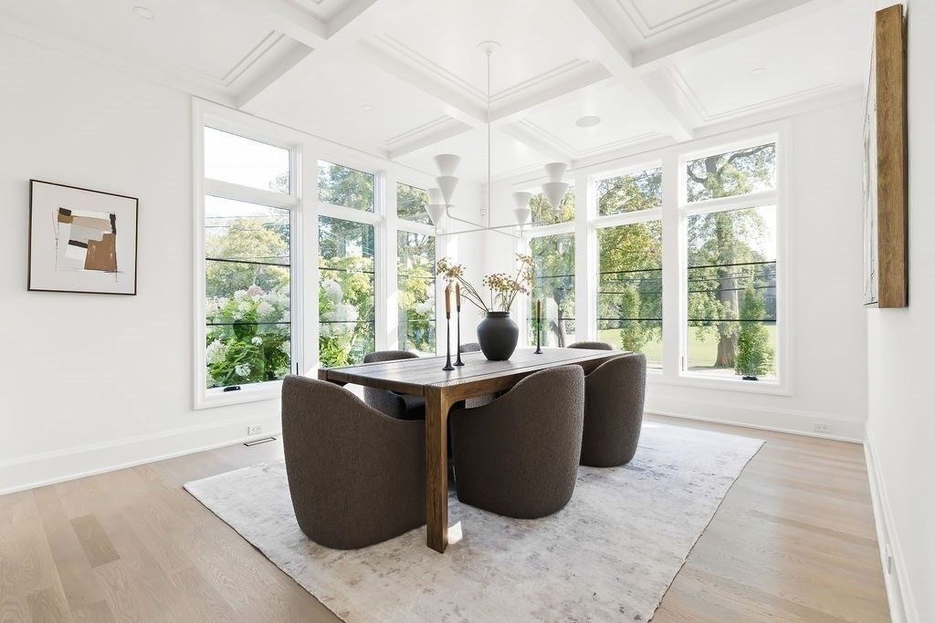 Dining room, Interior, Pendant Lights, Recessed Lighting, Wood Texture Flooring