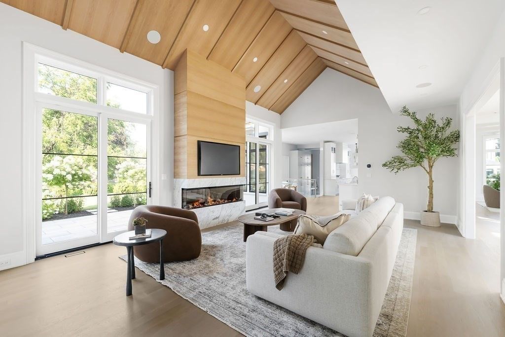 Fireplace, Interior, Living room, Recessed Lighting, Wooden Ceilings, Wood Texture Flooring