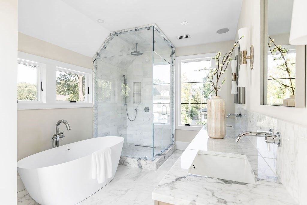 Bathroom, Free Standing Baths, Glass Shower, Interior, Marble, Marble Walls, Recessed Lighting