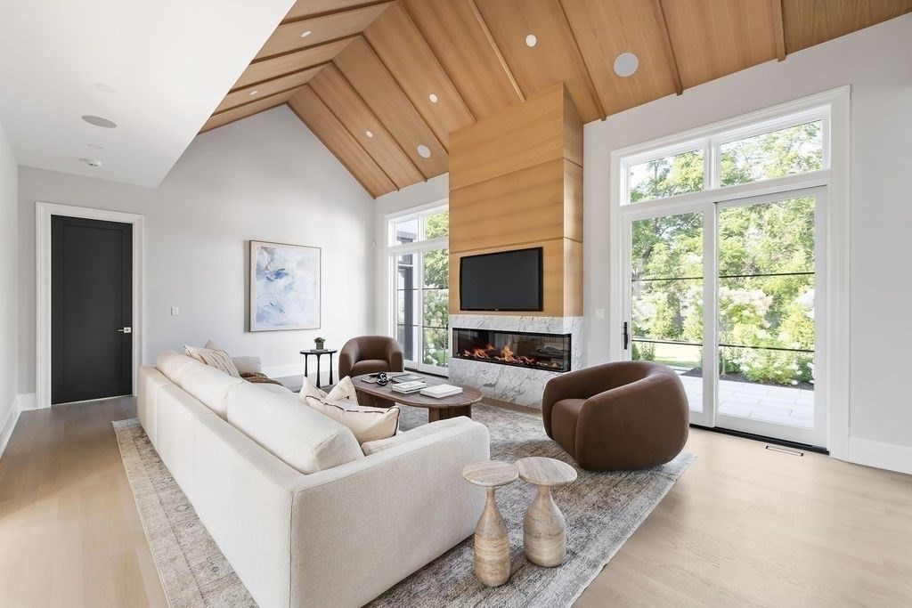 Fireplace, Interior, Living room, Recessed Lighting, Wooden Ceilings, Wood Texture Flooring