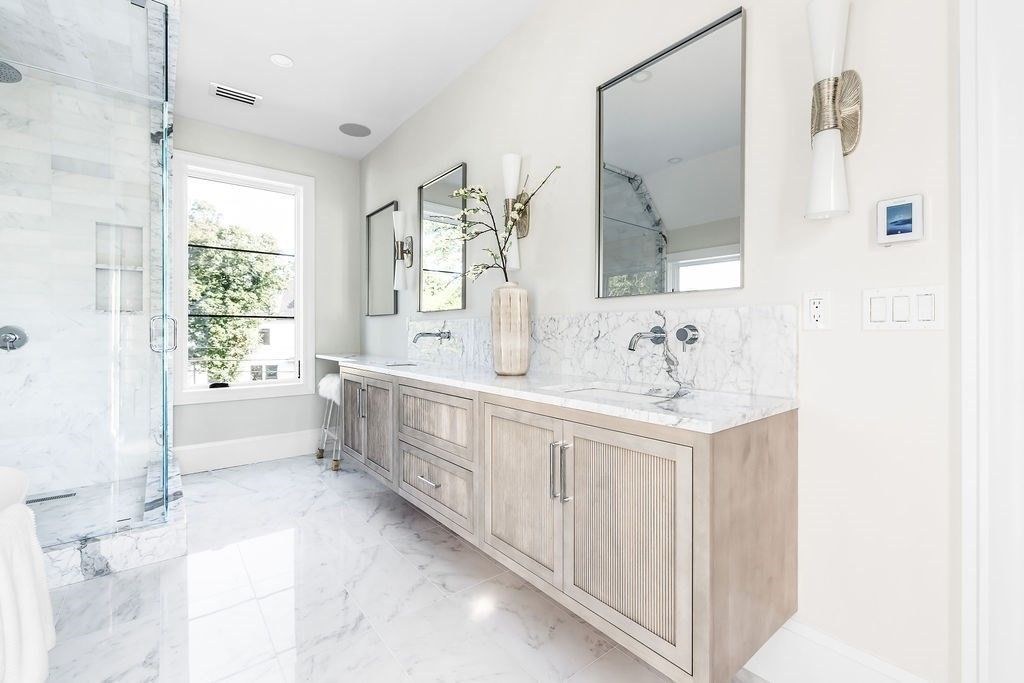 Bathroom, Dual Sink Vanities, Glass Shower, Interior, Marble, Recessed Lighting