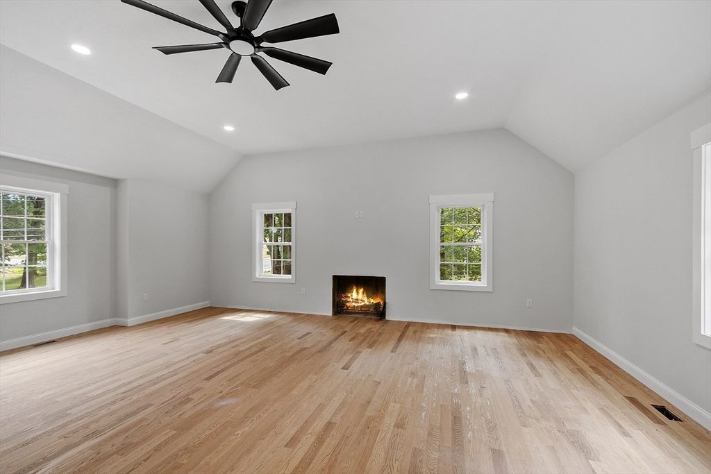 Empty room, Fireplace, Interior, Recessed Lighting, Wood Texture Flooring