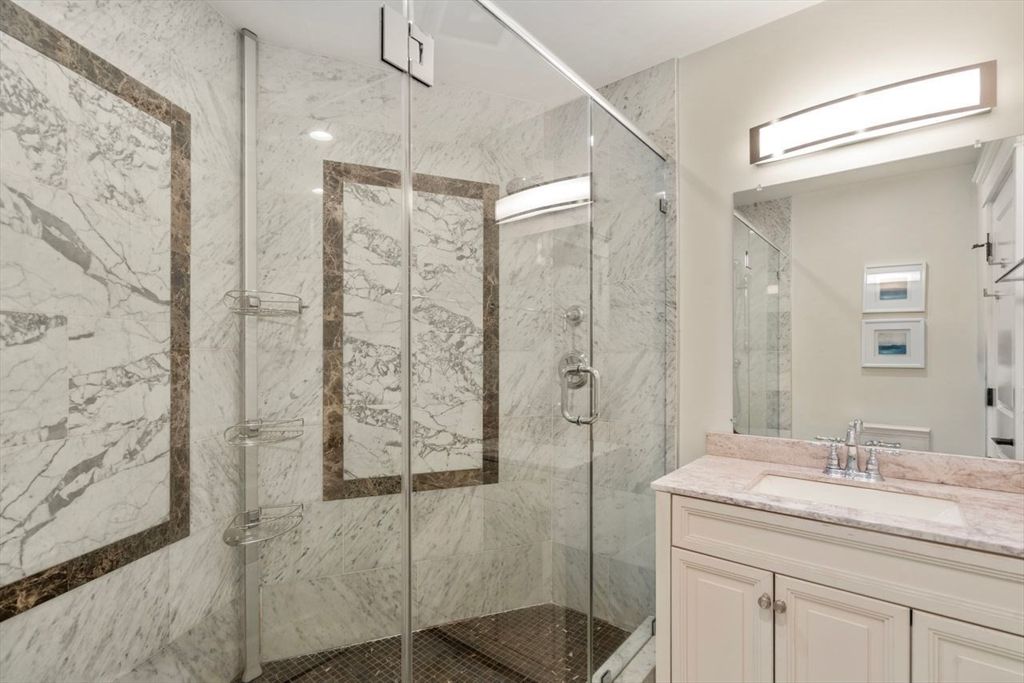Bathroom, Glass Shower, Interior, Marble Walls, Recessed Lighting
