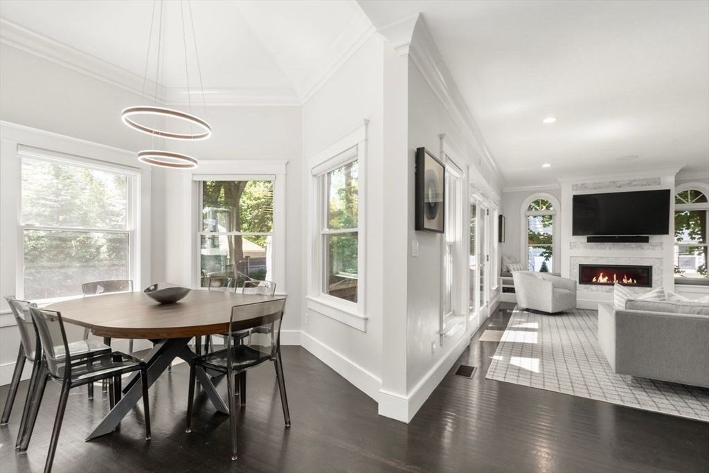 Dining room, Fireplace, Interior, Living room, Pendant Lights, Recessed Lighting, Wood Texture Flooring