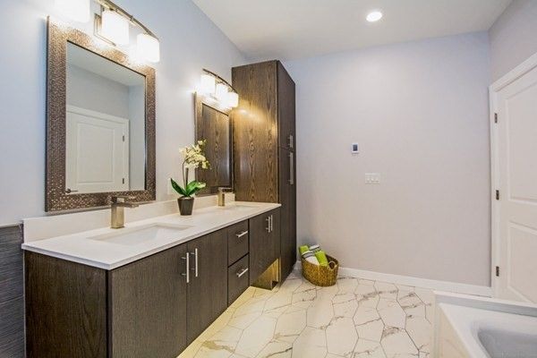 Bathroom, Dual Sink Vanities, Interior, Marble, Recessed Lighting