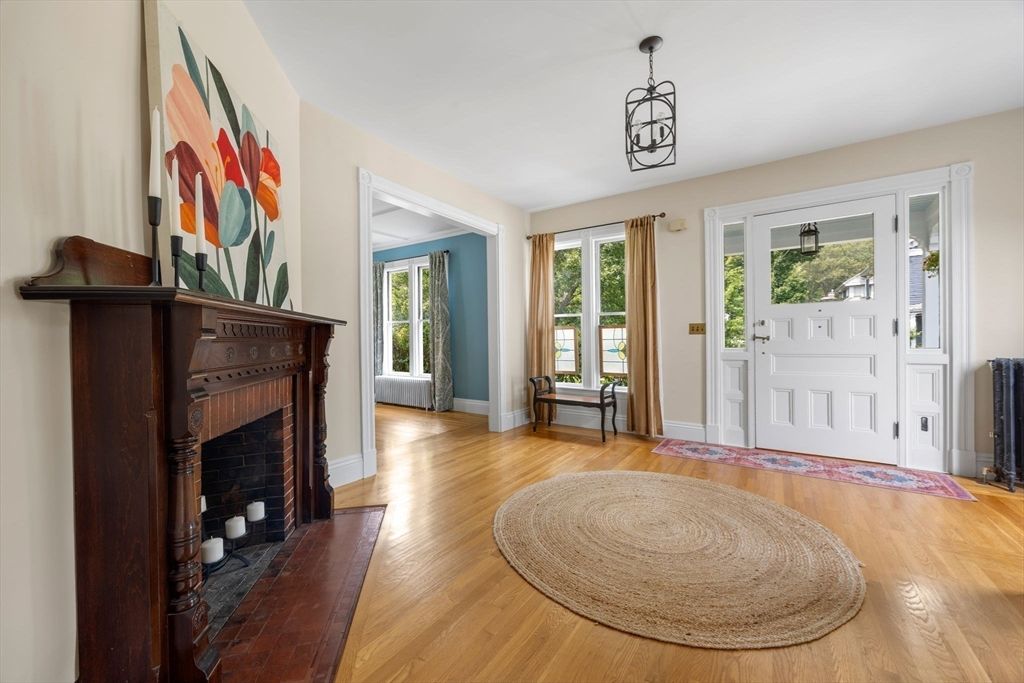 Fireplace, Interior, Pendant Lights, Wood Texture Flooring