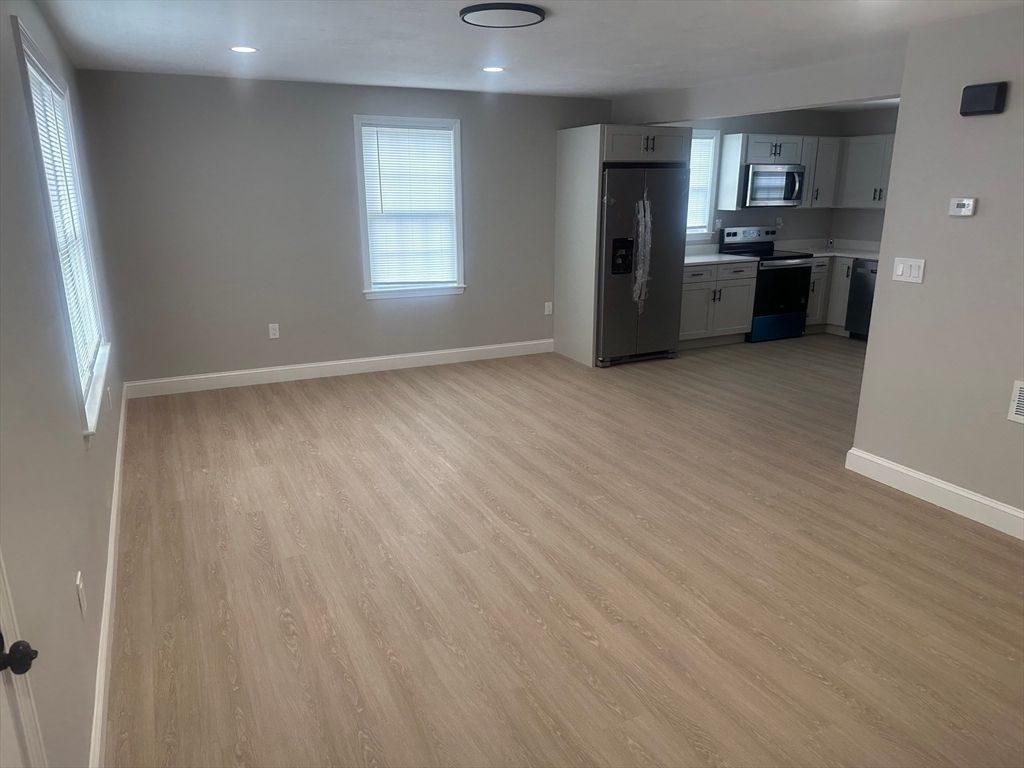 Empty room, Interior, Kitchen, Recessed Lighting, Wood Texture Flooring