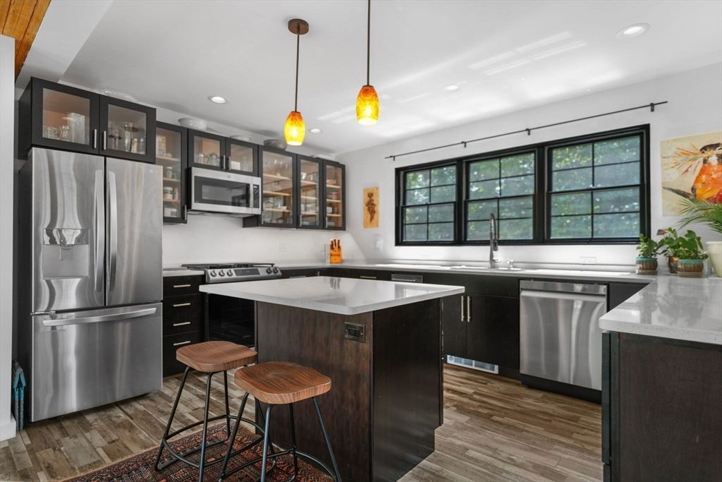 Interior, Kitchen, Pendant Lights, Recessed Lighting, Stainless Steel Appliances, Wood Texture Flooring