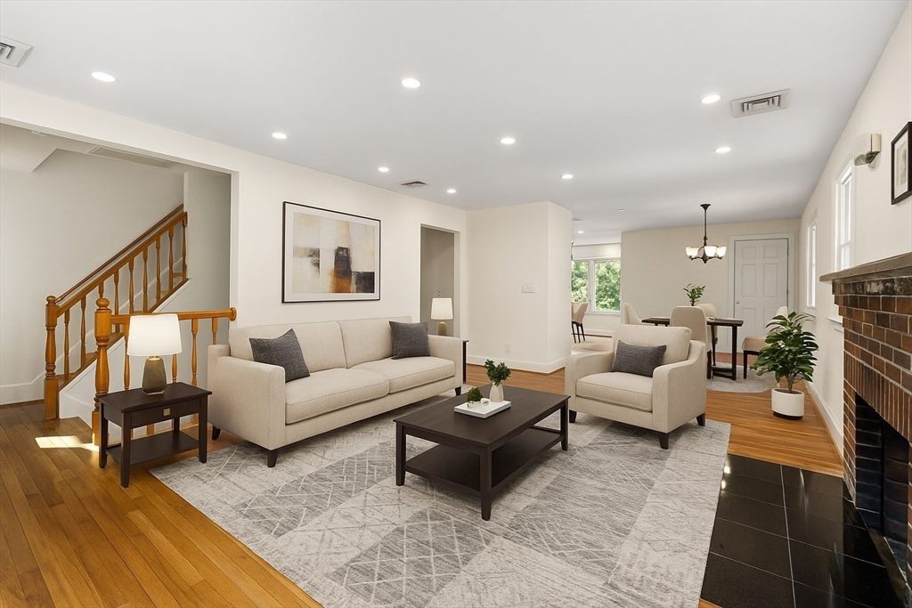 Chandelier, Dining room, Fireplace, Interior, Living room, Recessed Lighting, Wood Texture Flooring