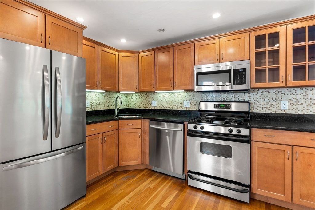 Interior, Kitchen, Recessed Lighting, Stainless Steel Appliances, Wood Texture Flooring