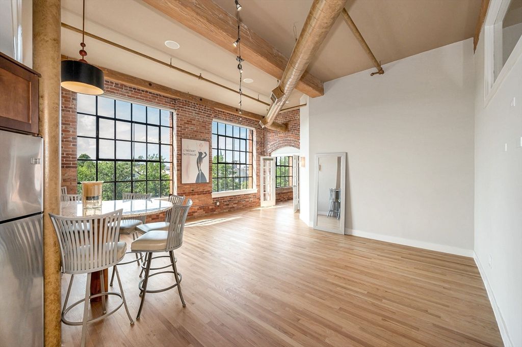 Empty room, Interior, Pendant Lights, Stone Walls, Wooden Beams, Wood Texture Flooring