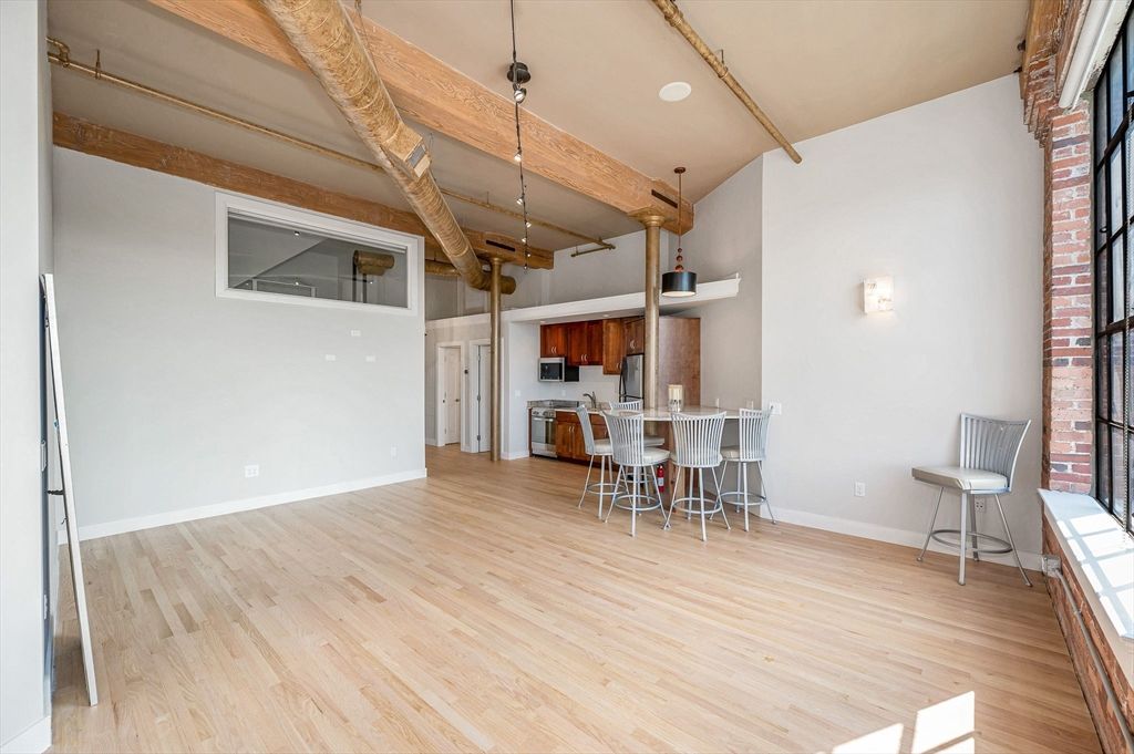Dining room, Empty room, Interior, Kitchen, Pendant Lights, Wooden Beams, Wood Texture Flooring