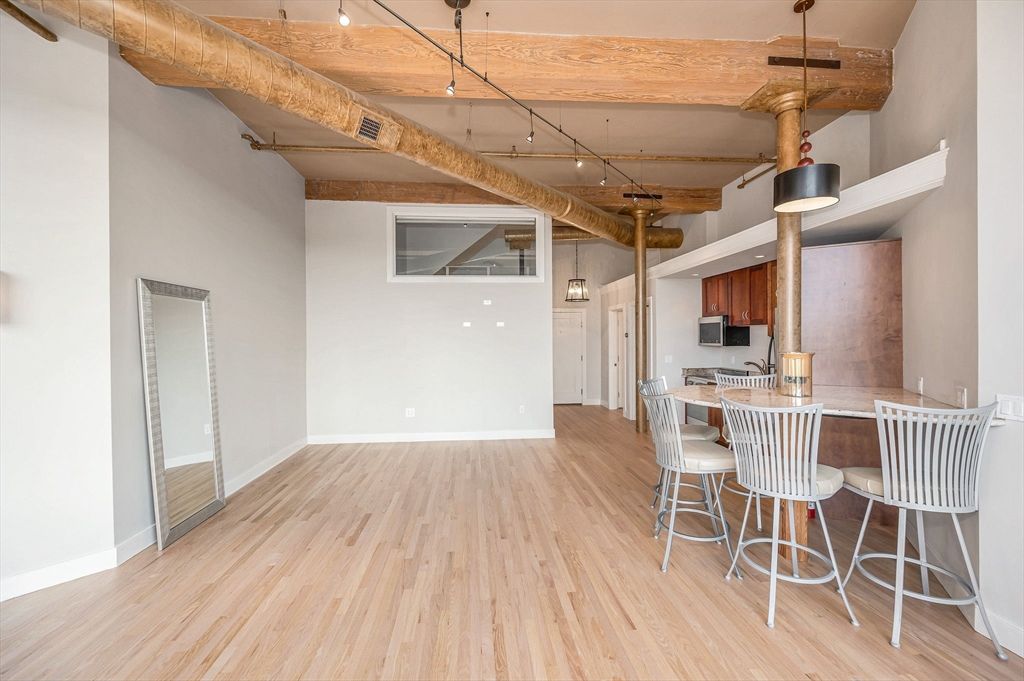 Dining room, Empty room, Interior, Pendant Lights, Wood Texture Flooring