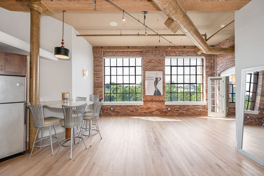 Empty room, Interior, Pendant Lights, Stone Walls, Wooden Beams, Wood Texture Flooring