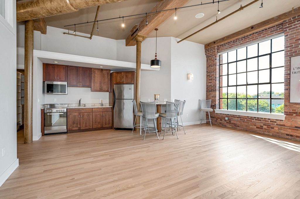 Interior, Kitchen, Pendant Lights, Stainless Steel Appliances, Stone Walls, Wooden Beams, Wood Texture Flooring