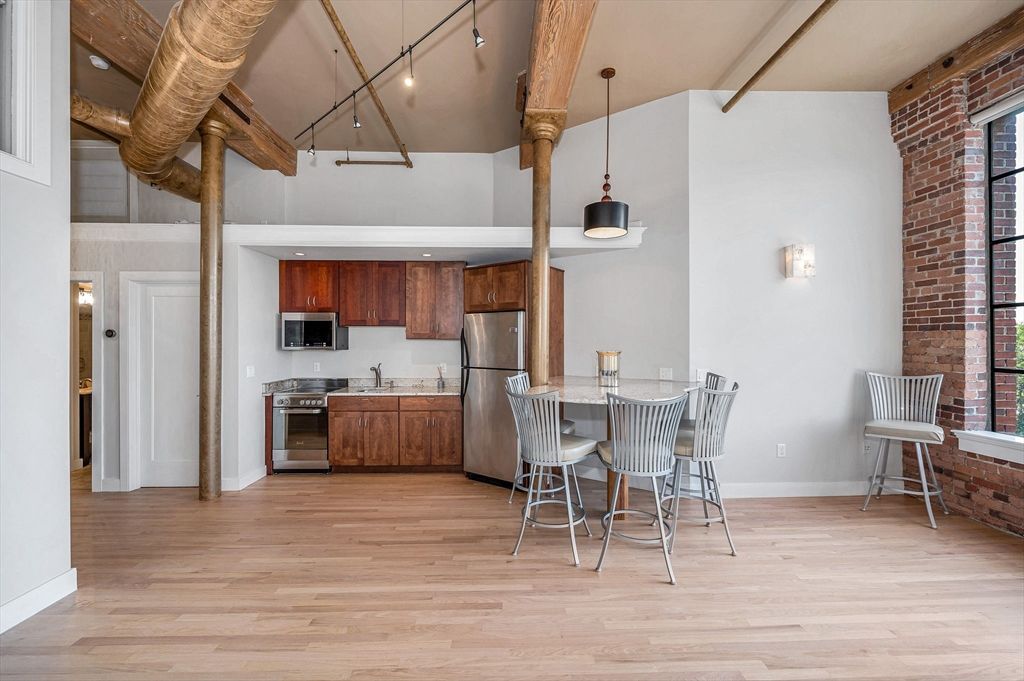Interior, Kitchen, Pendant Lights, Stainless Steel Appliances, Stone Walls, Wooden Beams, Wood Texture Flooring