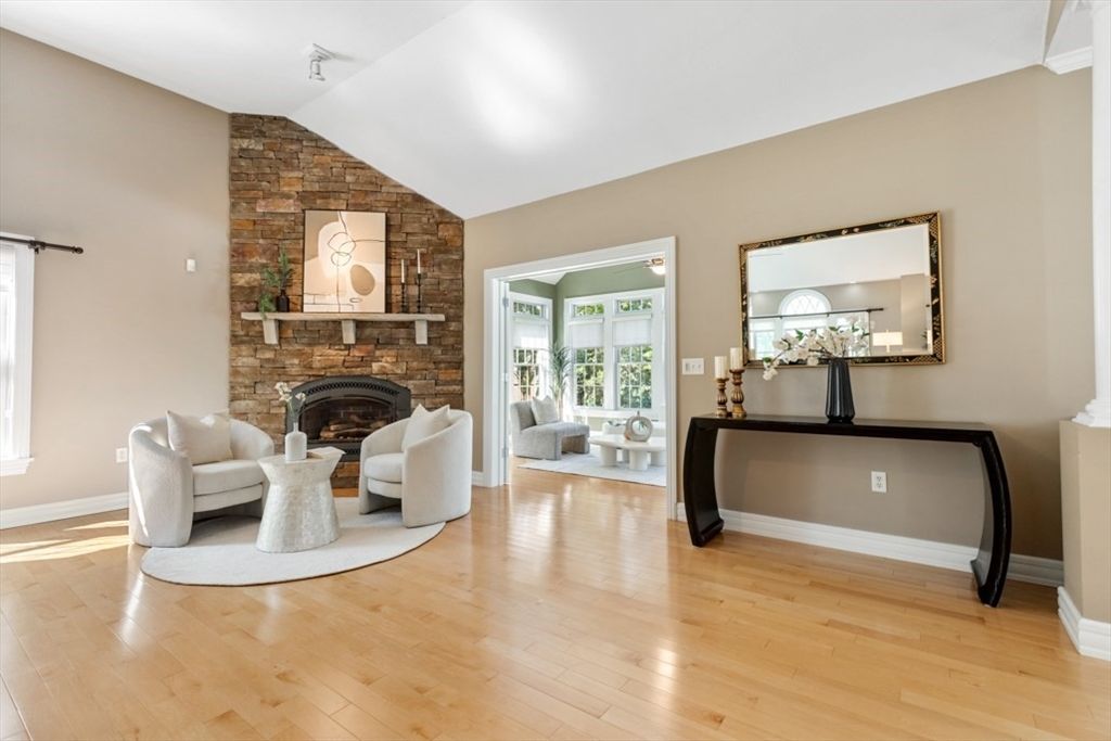 Fireplace, Interior, Living room, Stone Walls, Wood Texture Flooring