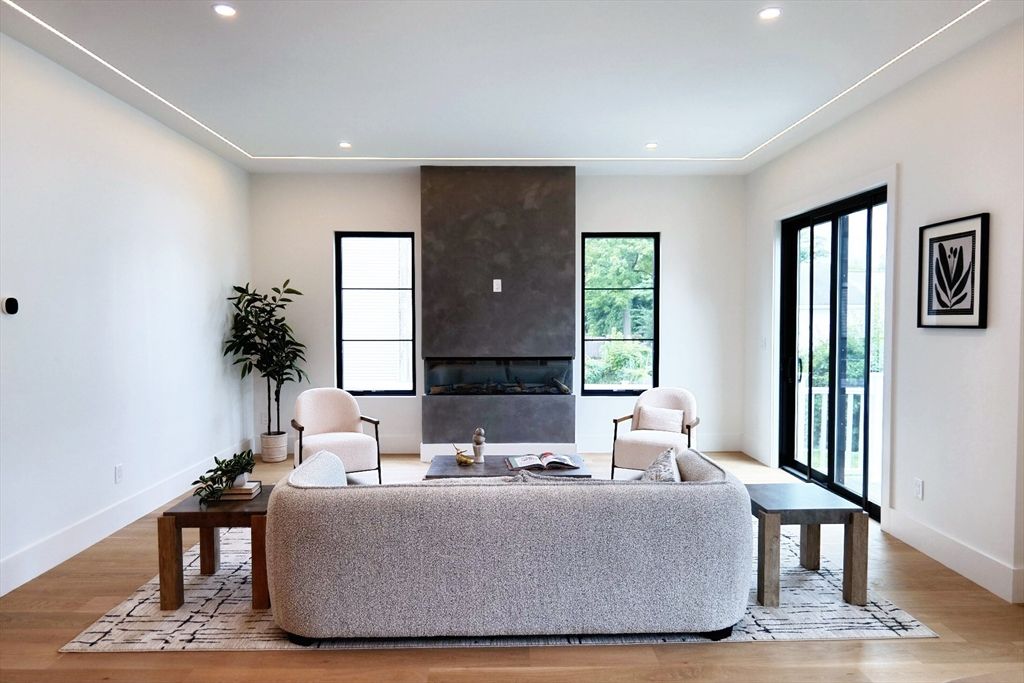 Fireplace, Interior, Living room, Recessed Lighting, Wood Texture Flooring