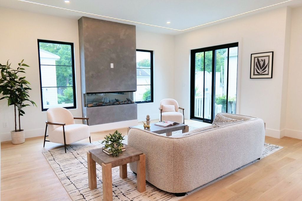 Fireplace, Interior, Living room, Recessed Lighting, Wood Texture Flooring