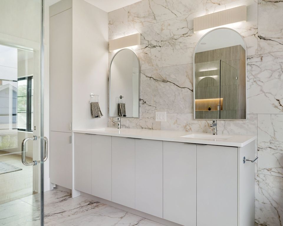 Bathroom, Dual Sink Vanities, Glass Shower, Interior, Marble, Marble Walls