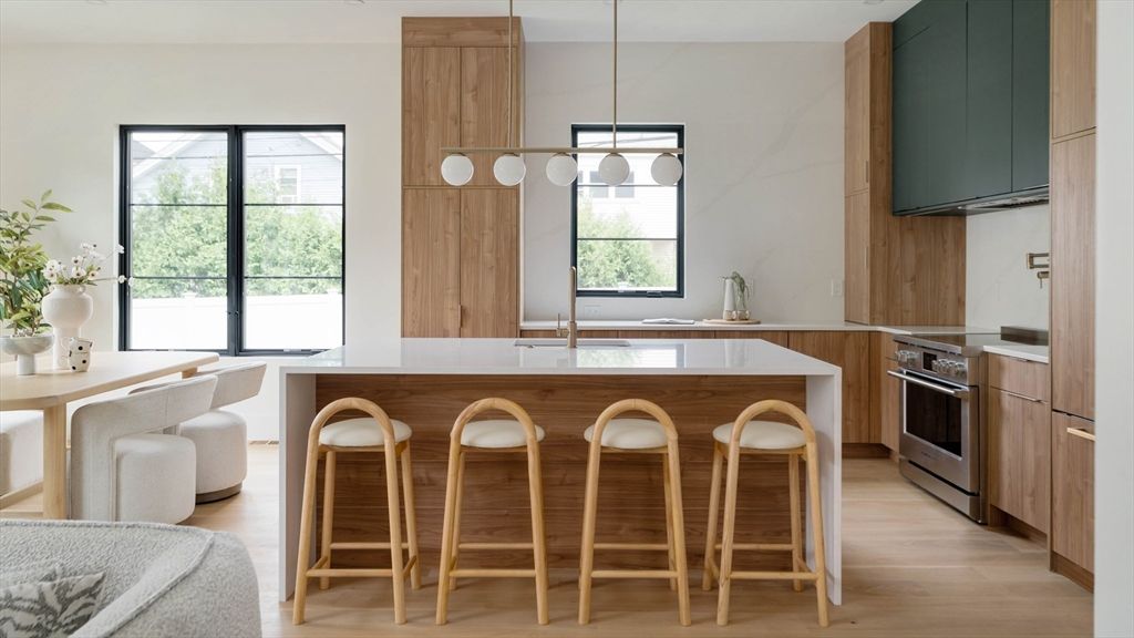 Interior, Kitchen, Pendant Lights, Stainless Steel Appliances, Wood Texture Flooring