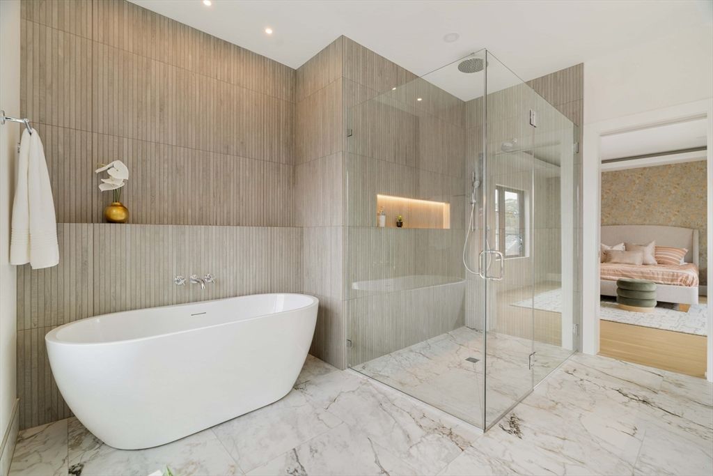 Bathroom, Free Standing Baths, Glass Shower, Interior, Marble, Recessed Lighting