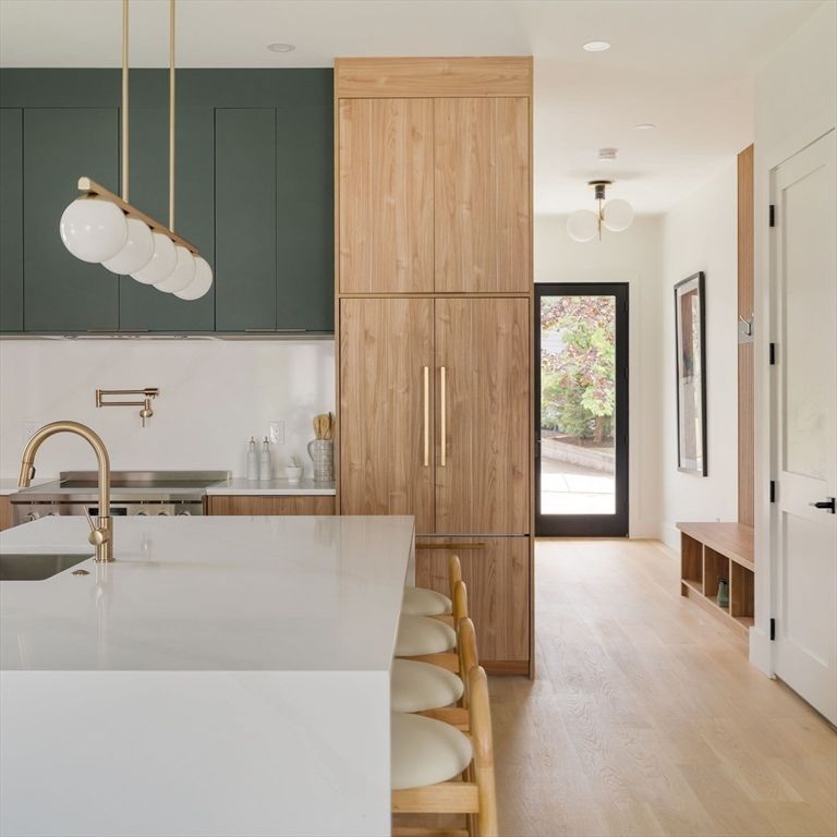 Interior, Kitchen, Pendant Lights, Recessed Lighting, Wood Texture Flooring