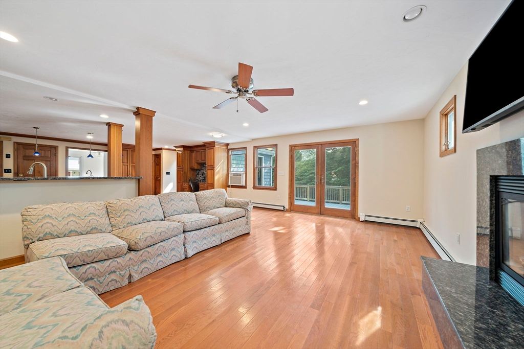 Fireplace, Interior, Kitchen, Living room, Recessed Lighting, Wood Texture Flooring