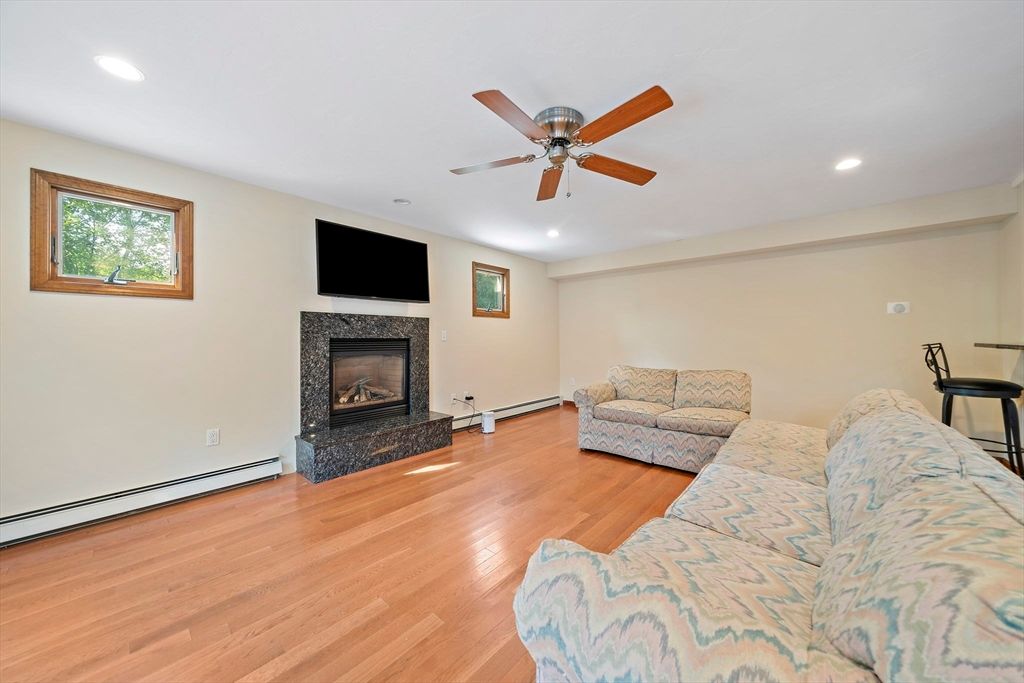 Fireplace, Interior, Living room, Recessed Lighting, Wood Texture Flooring