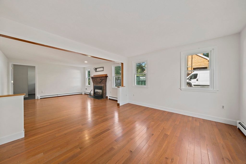 Empty room, Fireplace, Interior, Recessed Lighting, Wood Texture Flooring