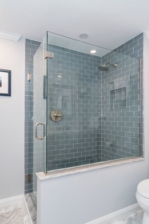 Bathroom, Glass Shower, Interior, Marble, Recessed Lighting