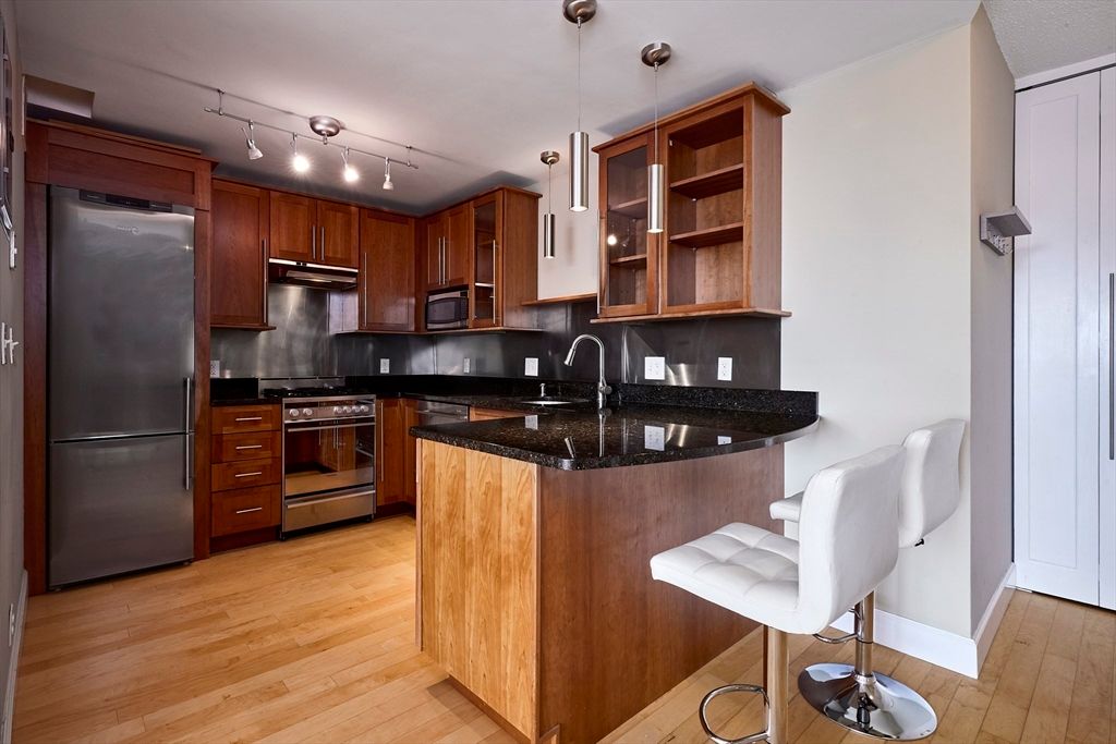 Interior, Kitchen, Pendant Lights, Stainless Steel Appliances, Wood Texture Flooring