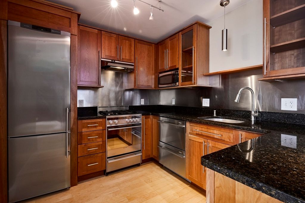 Interior, Kitchen, Pendant Lights, Stainless Steel Appliances, Wood Texture Flooring