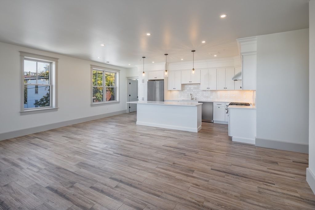 Interior, Kitchen, Pendant Lights, Recessed Lighting, Stainless Steel Appliances, Wood Texture Flooring