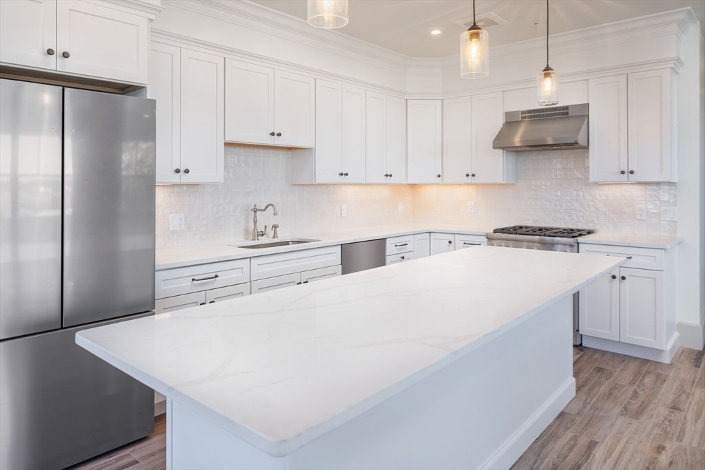 Interior, Kitchen, Pendant Lights, Recessed Lighting, Stainless Steel Appliances, Wood Texture Flooring