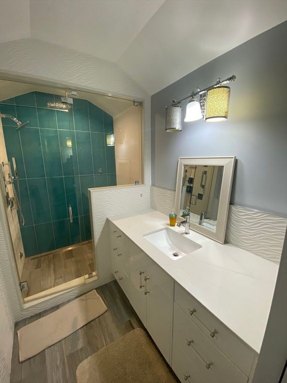 Bathroom, Dual Sink Vanities, Glass Shower, Interior, Wood Texture Flooring