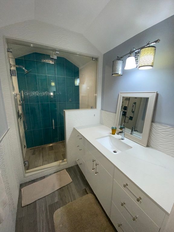 Bathroom, Dual Sink Vanities, Glass Shower, Interior, Wood Texture Flooring