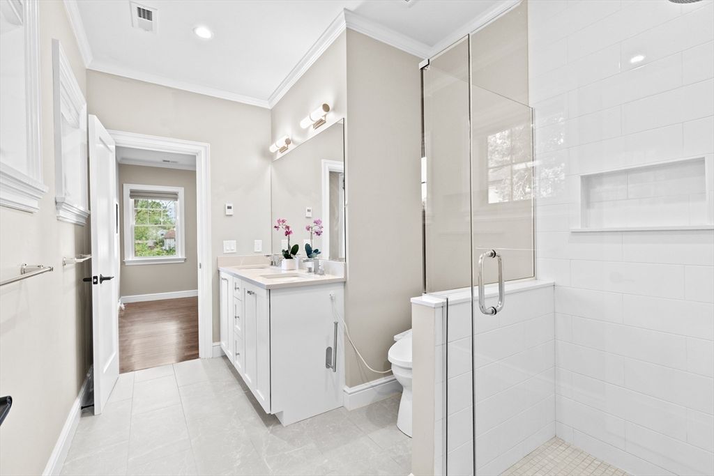 Bathroom, Glass Shower, Interior, Recessed Lighting, Wood Texture Flooring