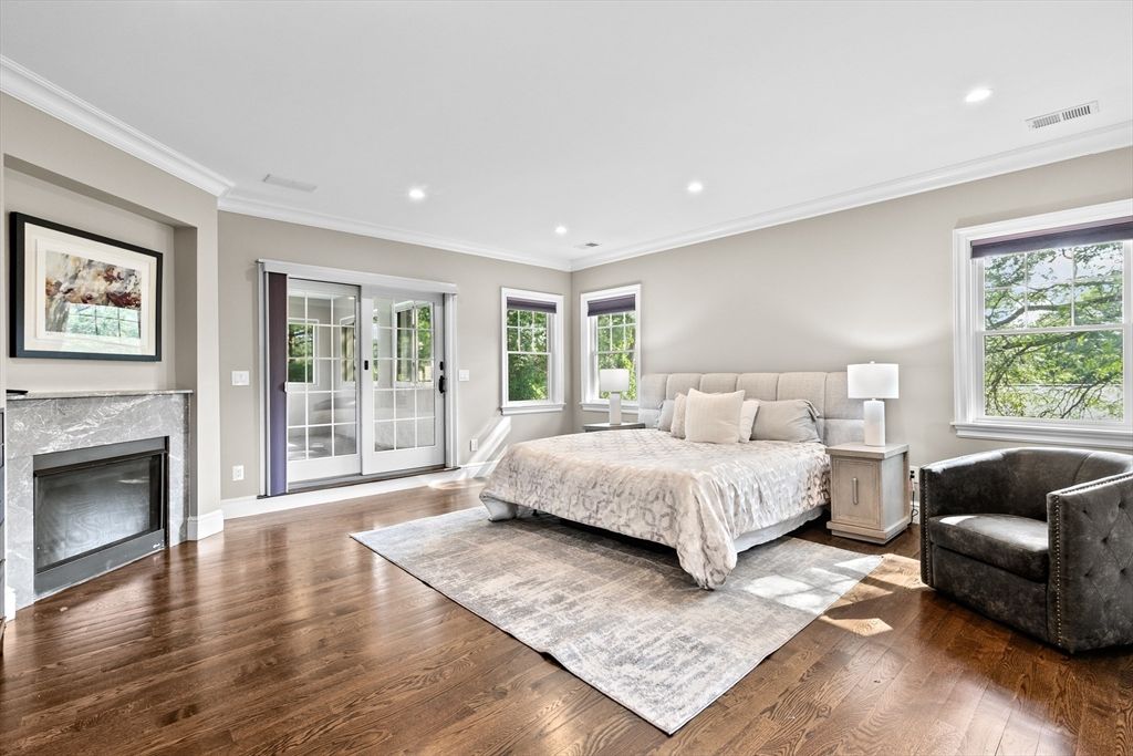 Bedroom, Fireplace, Interior, Recessed Lighting, Wood Texture Flooring