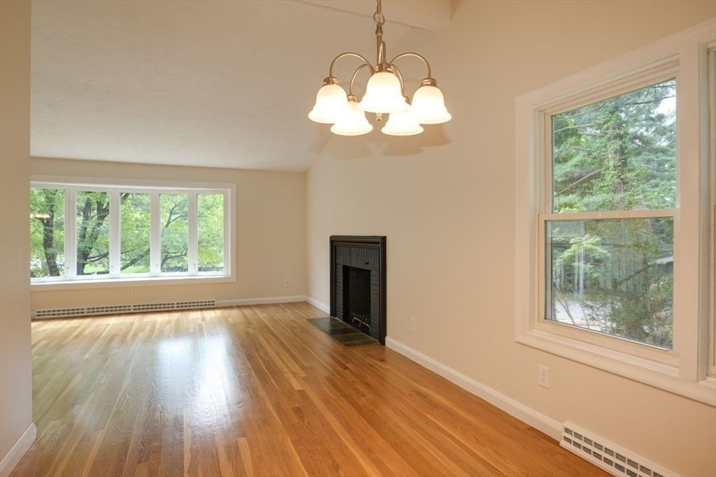 Chandelier, Empty room, Fireplace, Interior, Pendant Lights, Wood Texture Flooring
