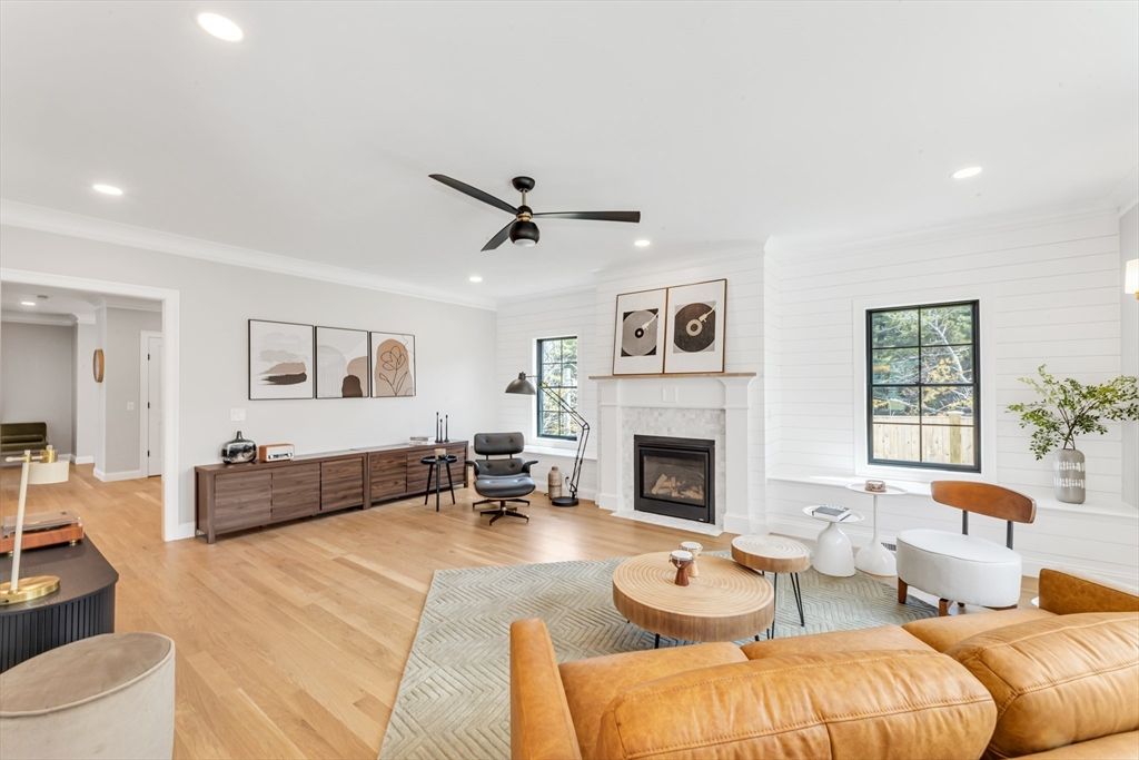 Fireplace, Interior, Living room, Recessed Lighting, Wood Texture Flooring