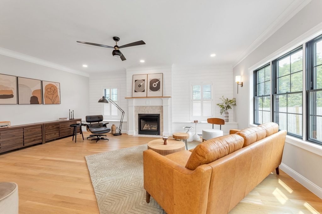 Fireplace, Interior, Living room, Recessed Lighting, Wood Texture Flooring