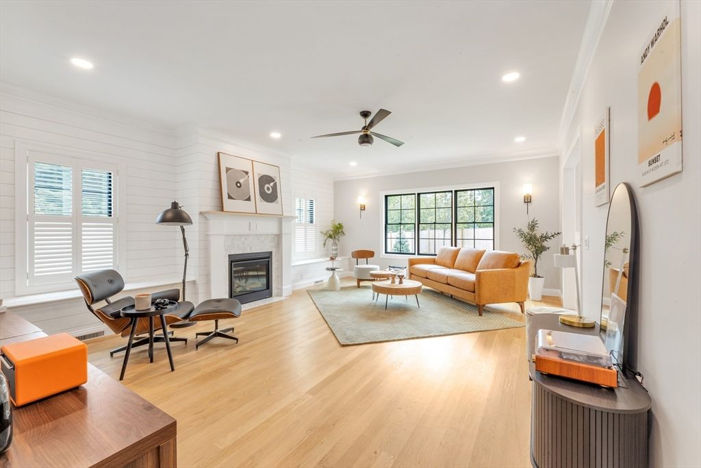 Fireplace, Interior, Living room, Recessed Lighting, Wood Texture Flooring