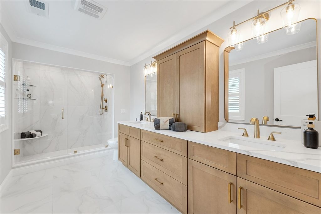 Bathroom, Dual Sink Vanities, Glass Shower, Interior, Marble, Marble Walls