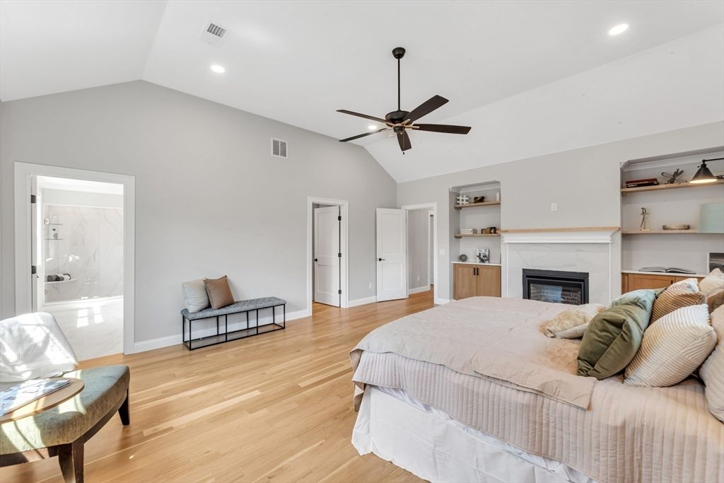Bedroom, Fireplace, Interior, Recessed Lighting, Wood Texture Flooring