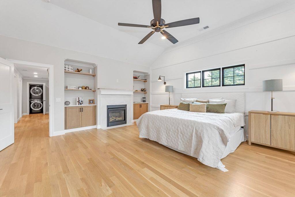 Bedroom, Fireplace, Interior, Recessed Lighting, Wood Texture Flooring