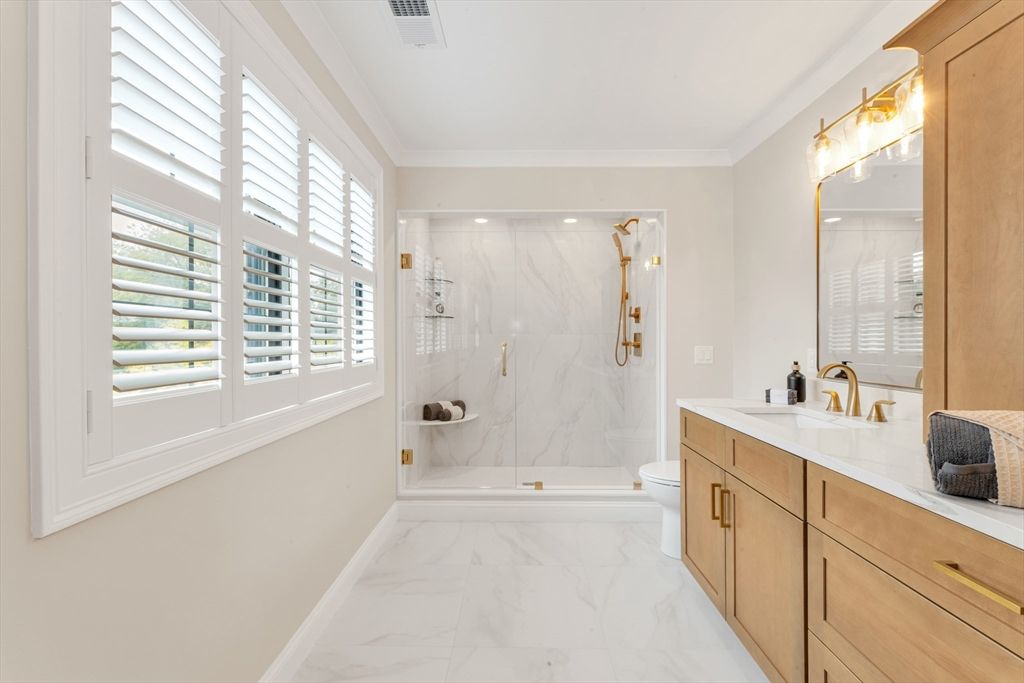 Bathroom, Glass Shower, Interior, Marble, Marble Walls, Recessed Lighting