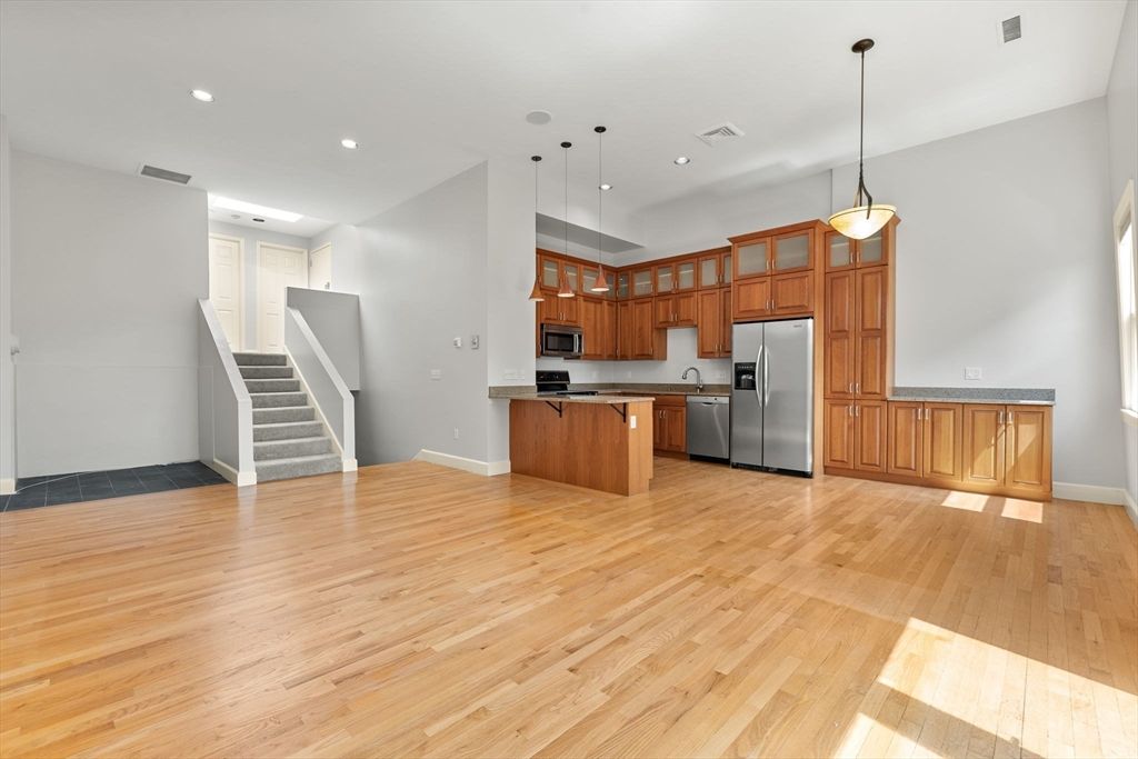 Interior, Kitchen, Pendant Lights, Recessed Lighting, Stainless Steel Appliances, Wood Texture Flooring