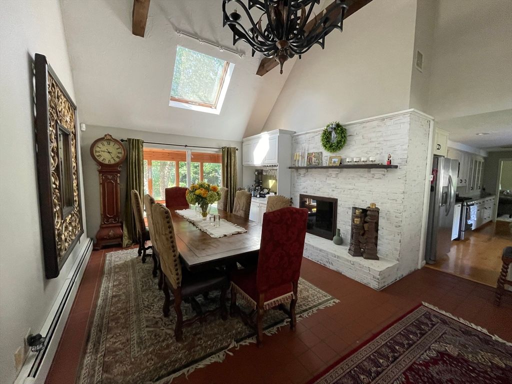 Chandelier, Dining room, Fireplace, Interior, Kitchen, Wooden Beams, Wood Texture Flooring