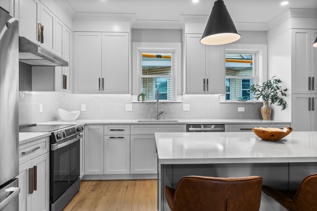 Interior, Kitchen, Pendant Lights, Recessed Lighting, Stainless Steel Appliances, Wood Texture Flooring